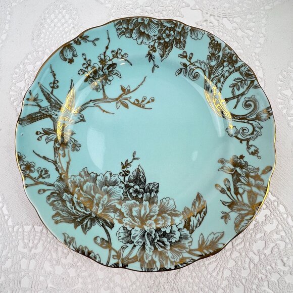 222 Fifth Adelaide Blue Gold Set of 4 Salad Lunch Plates Scalloped Edge 8.75" - Picture 3 of 11